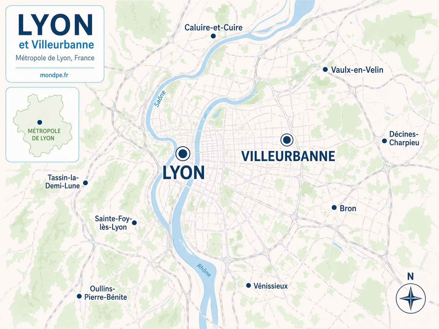 carte d'agglo lyonnaise. Zone d'intervention de mondpe.fr pour les diagnostiques immobiliers