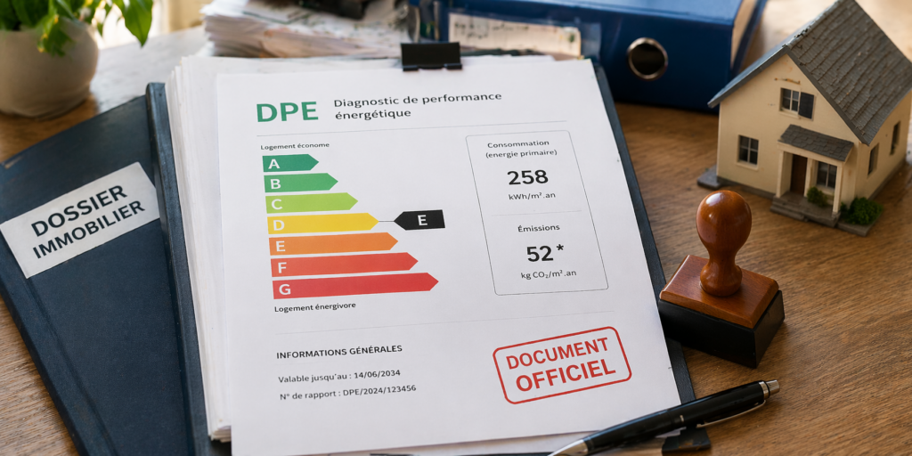 DPE opposable illustration avec tampon officiel diagnostiqueur format paysage