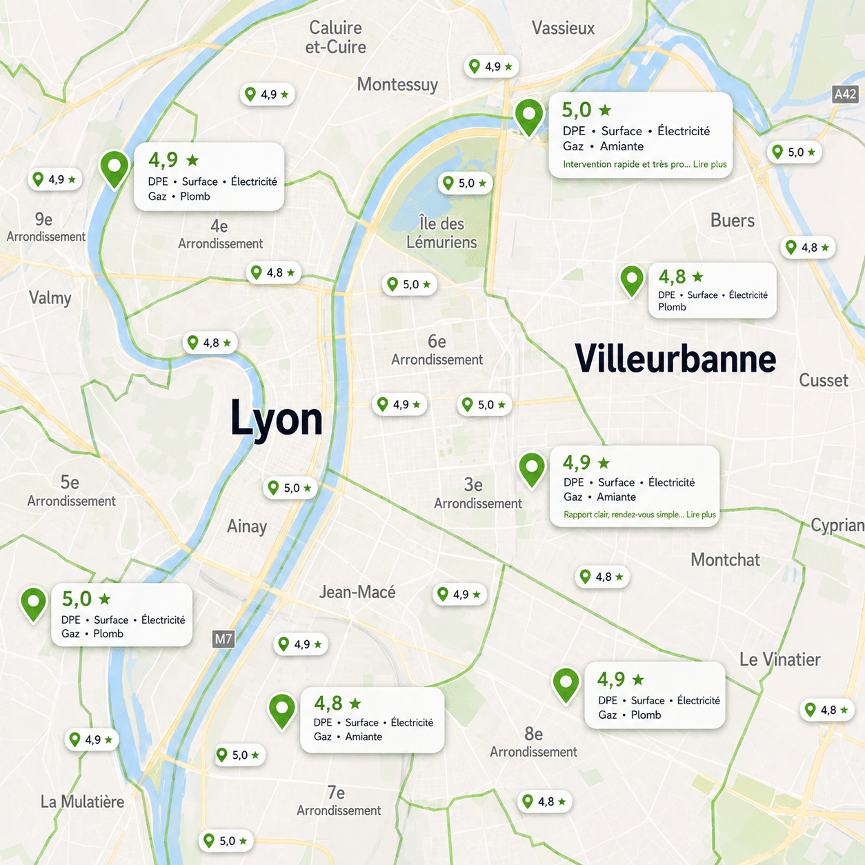 diag immo sur le Grand Lyon : map avec avis sur prestation de diagnostics MonDPE.fr